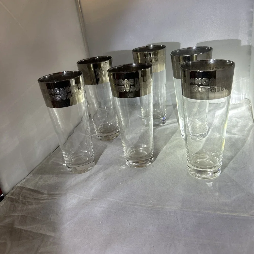 Set of 6 Rare 1950s Silver Rimmed Atomic Highball Glasses